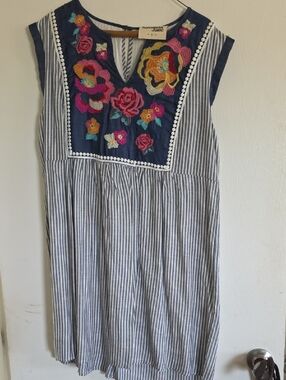 Savanna Jane Navy and White Striped Dress with Colorful Floral Embroidery
